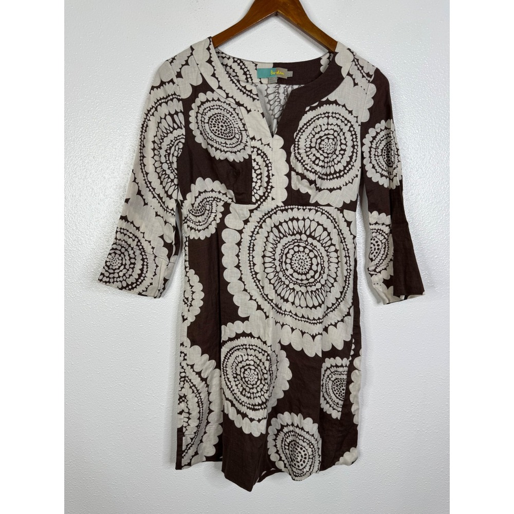 Boden Linen Floral Medallion Shift Dress Brown Cream 3/4 Sleeve Size 4 US 8 UK